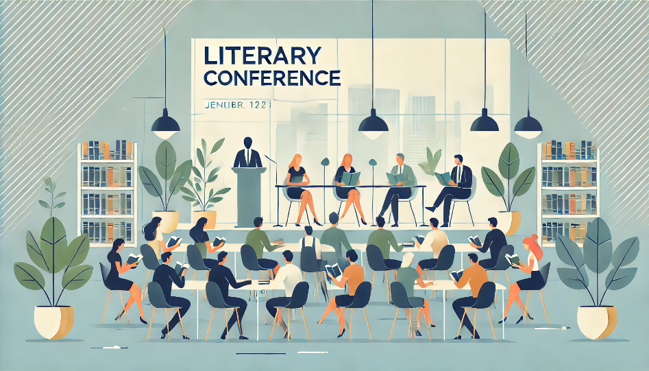 Simple scene of a literary event in a modern conference hall with an author speaking at a podium, and attendees holding books and notebooks.
