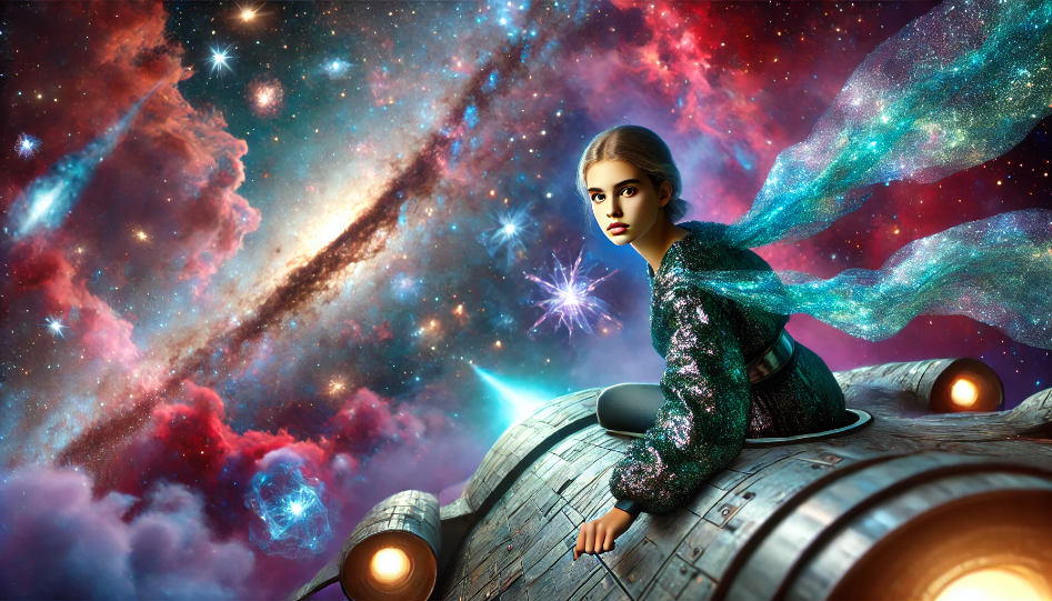 Zaira travels through the cosmos aboard her starship, venturing into the unknown.