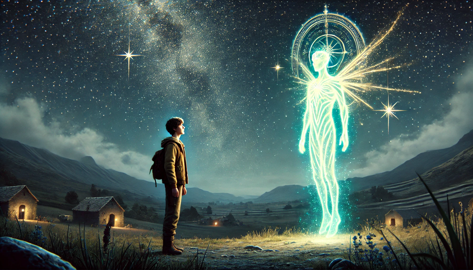 Lyra stands in her quiet village under a clear, starlit sky, gazing up at the stars. A figure made of light, Seraphis, appears before her, glowing with celestial energy. Lyra looks both awed and unsure
